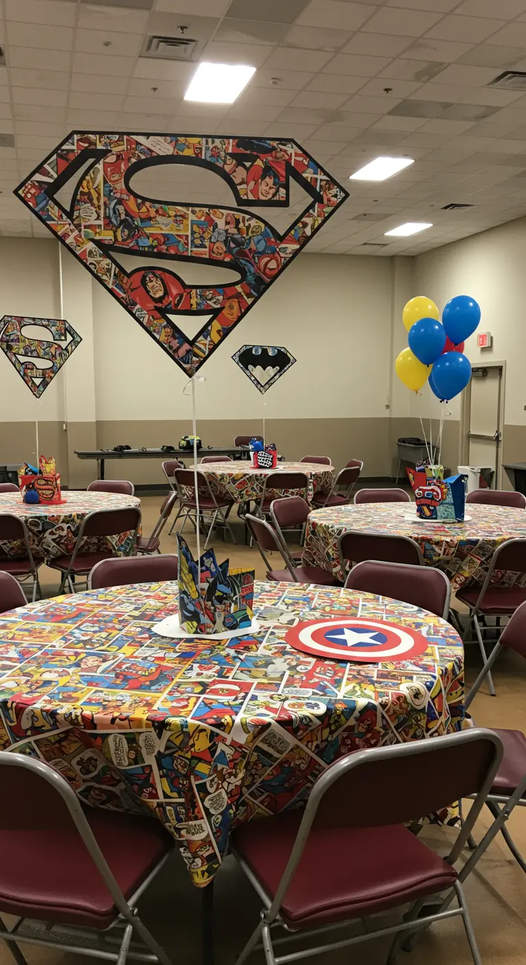 Salón de fiestas con logos de Superman y Batman hechos de cómics y mesas redondas decoradas.