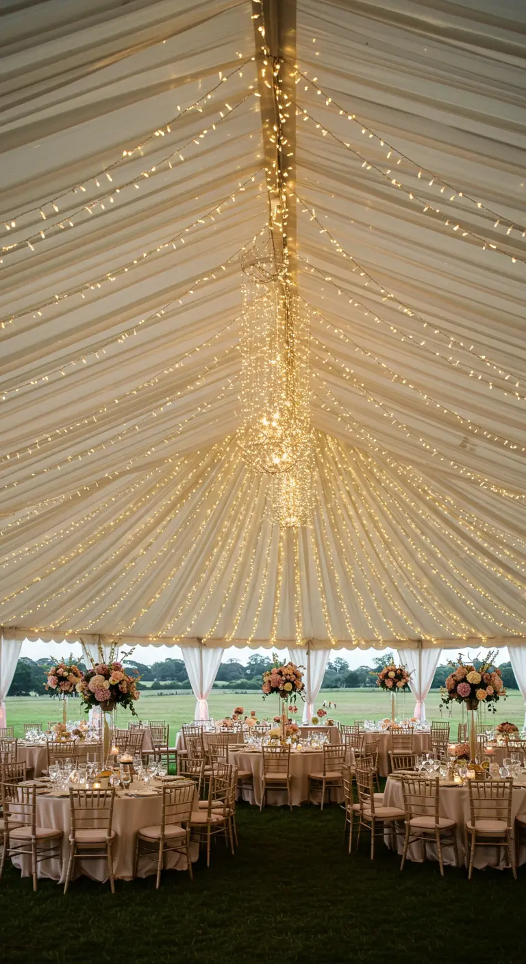 Interior de una carpa de eventos con luces que irradian desde un candelabro central.