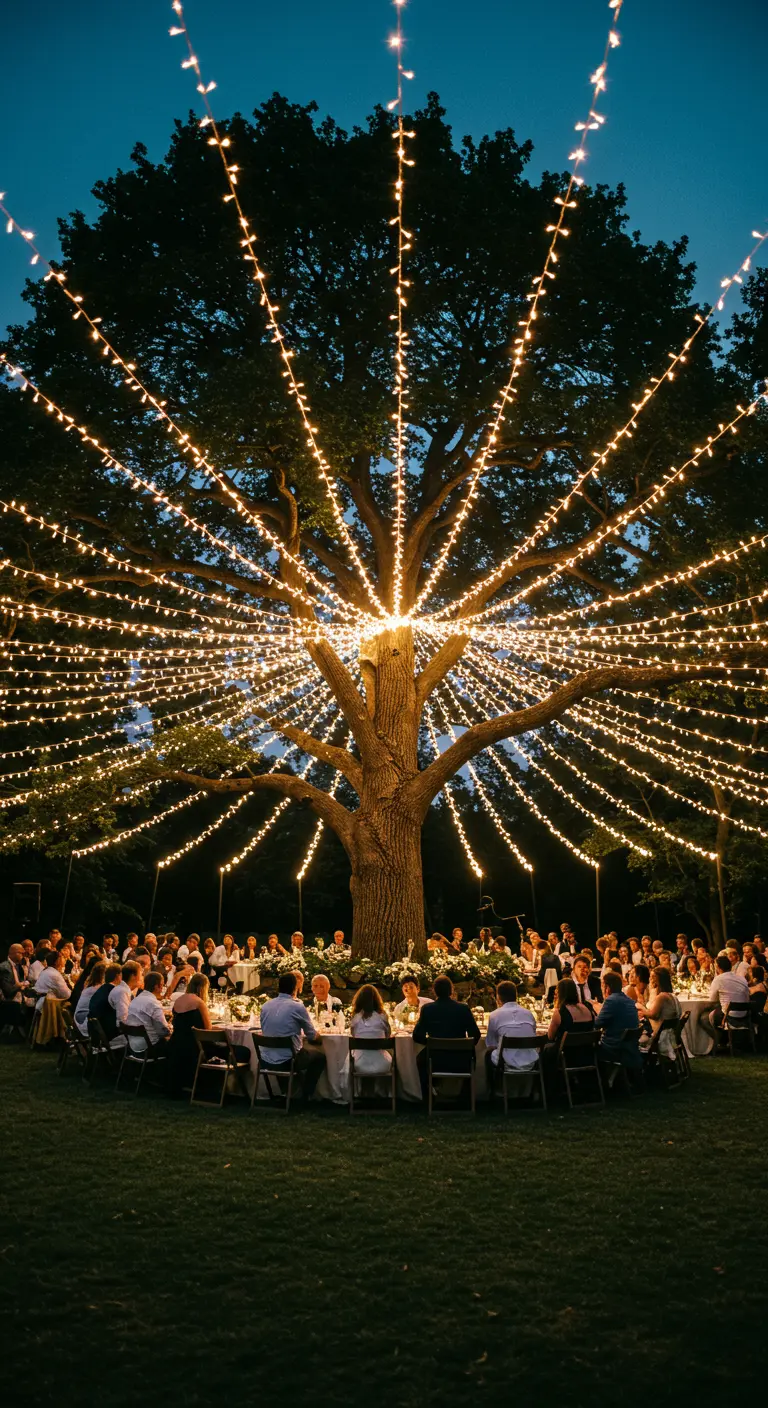 Luces de hadas colgadas radialmente desde un gran árbol, formando un dosel sobre los invitados.