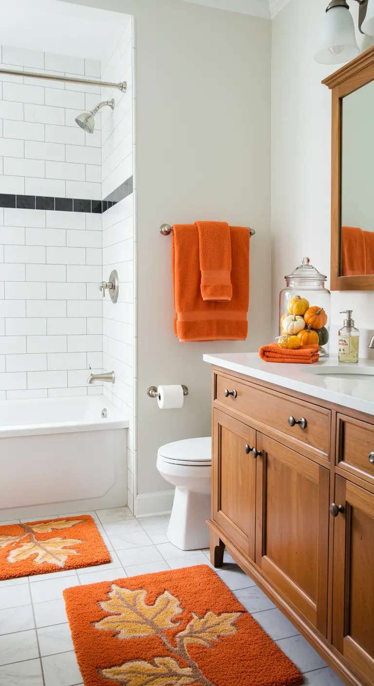 Baño blanco y madera con toallas y alfombras de color naranja brillante con motivos de hojas.