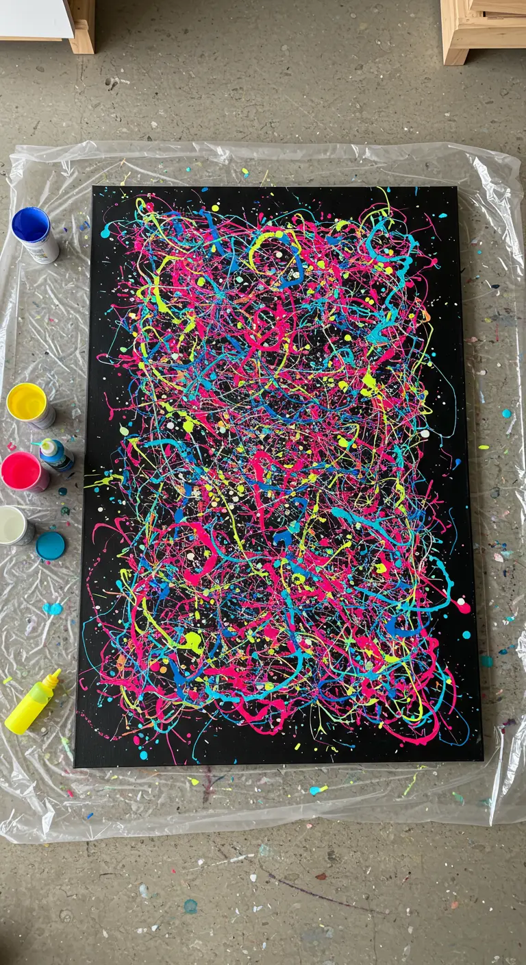 Lienzo negro rectangular cubierto de enérgicas salpicaduras de pintura neón rosa, amarilla y azul.