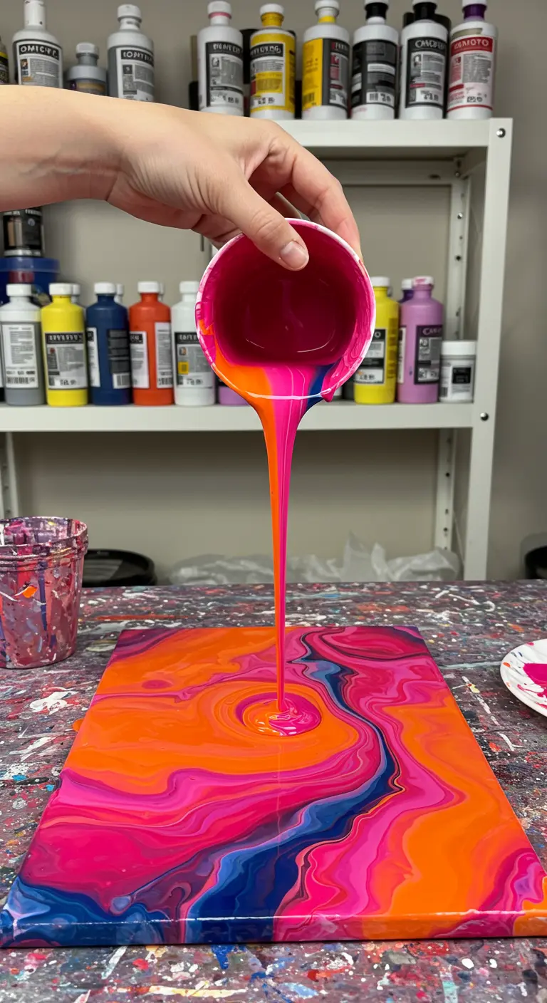 Mano vertiendo pintura neón rosa, naranja y azul sobre un lienzo