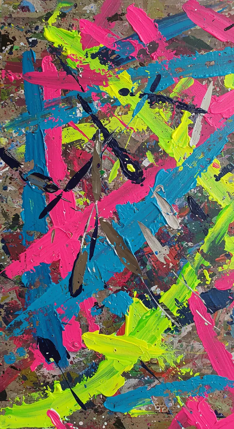 Pintura abstracta y caótica con colores neón brillantes.