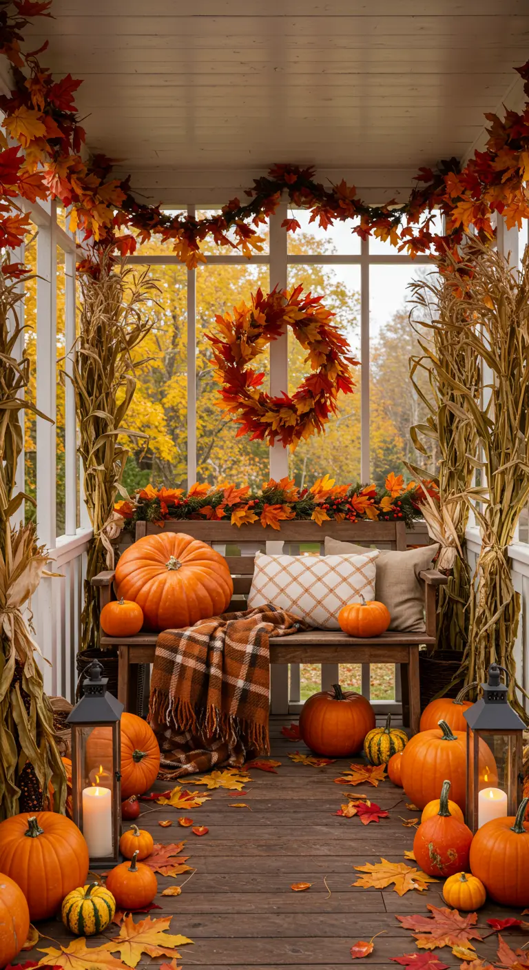 Porche decorado para el otoño con calabazas, mantas de cuadros y guirnaldas de hojas.