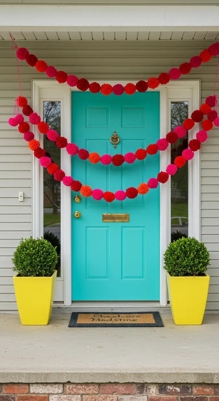 Guirnalda de pompones de lana de colores vivos (rojo, rosa, fucsia) sobre una puerta turquesa.