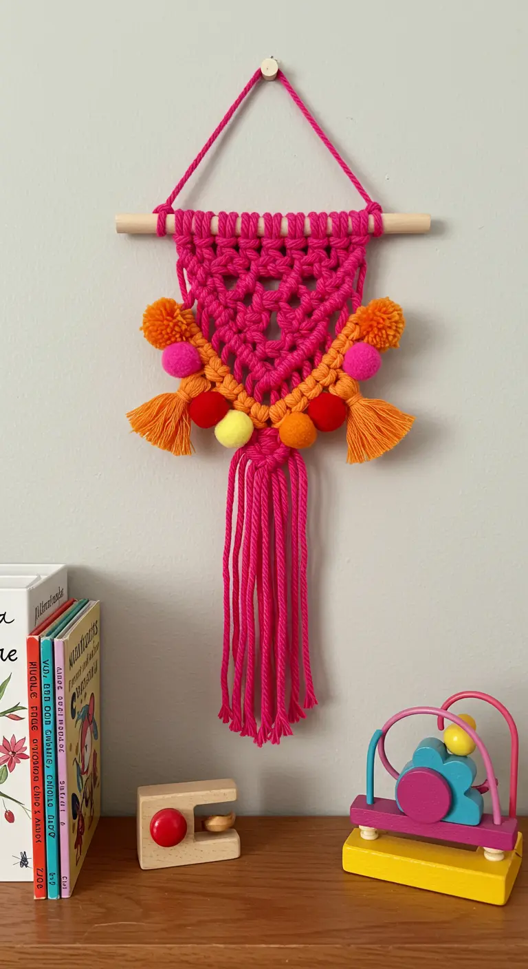 Tapiz de macramé fucsia decorado con pompones y borlas de colores sobre una estantería infantil.