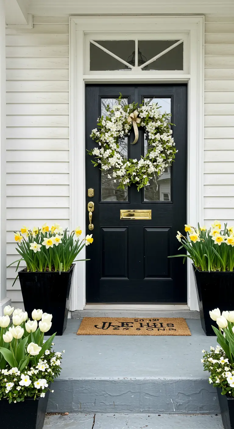 Puerta negra decorada para la primavera con macetas llenas de narcisos y tulipanes blancos.