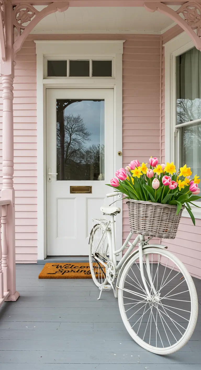 Bicicleta blanca con tulipanes y narcisos frente a una casa de color rosa pastel