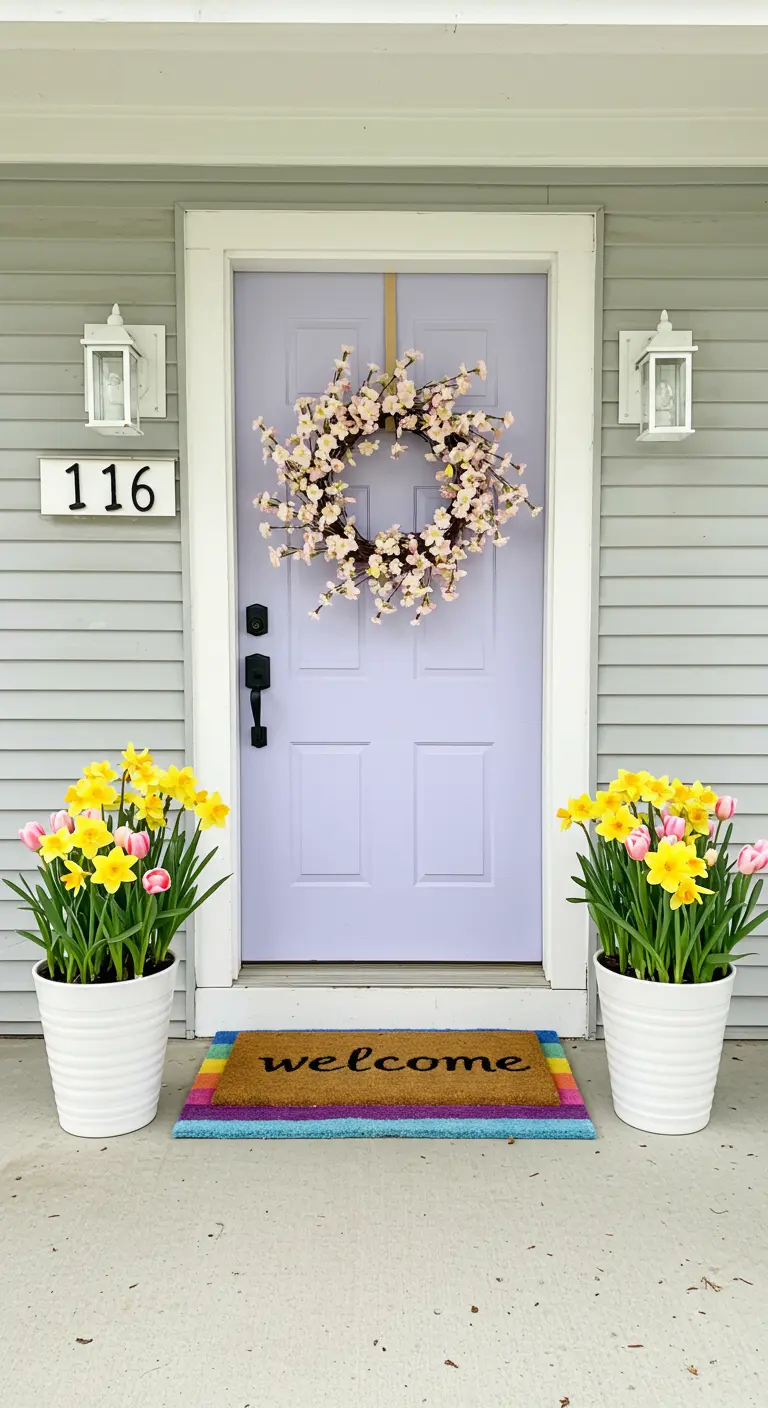 Entrada primaveral con puerta lila, corona de flores de cerezo y macetas blancas con narcisos.