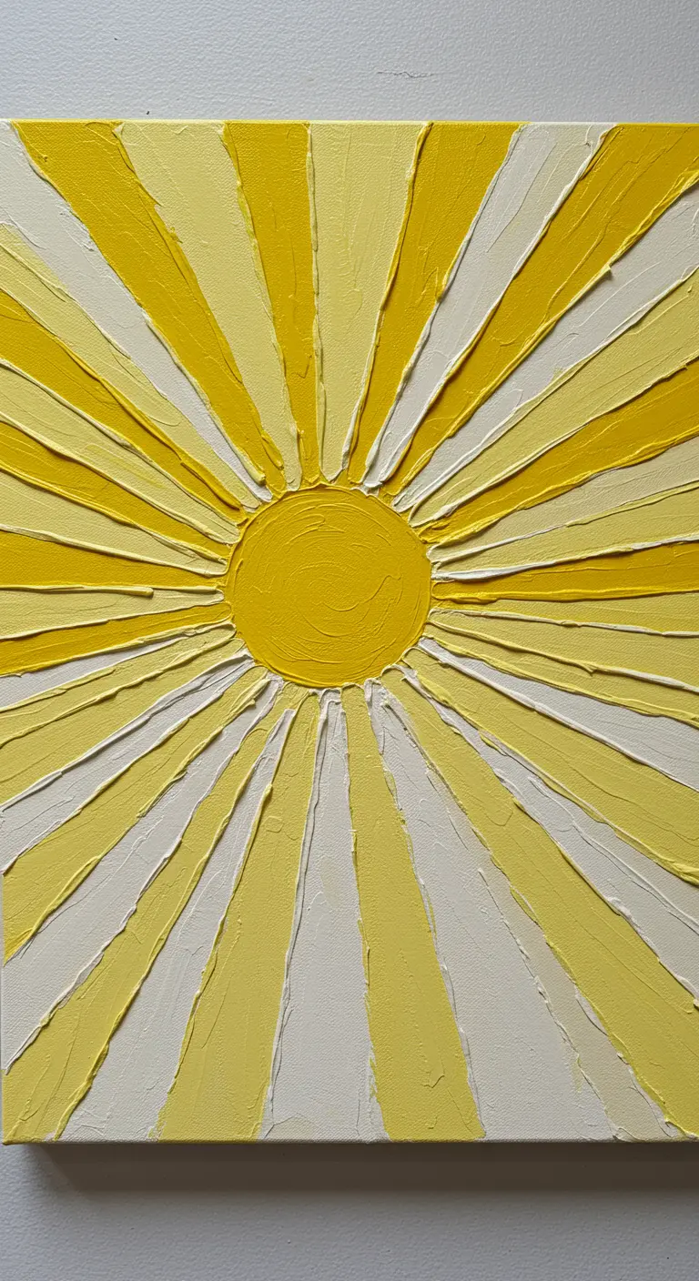 Cuadro de un sol radiante con rayos texturizados en amarillo y blanco