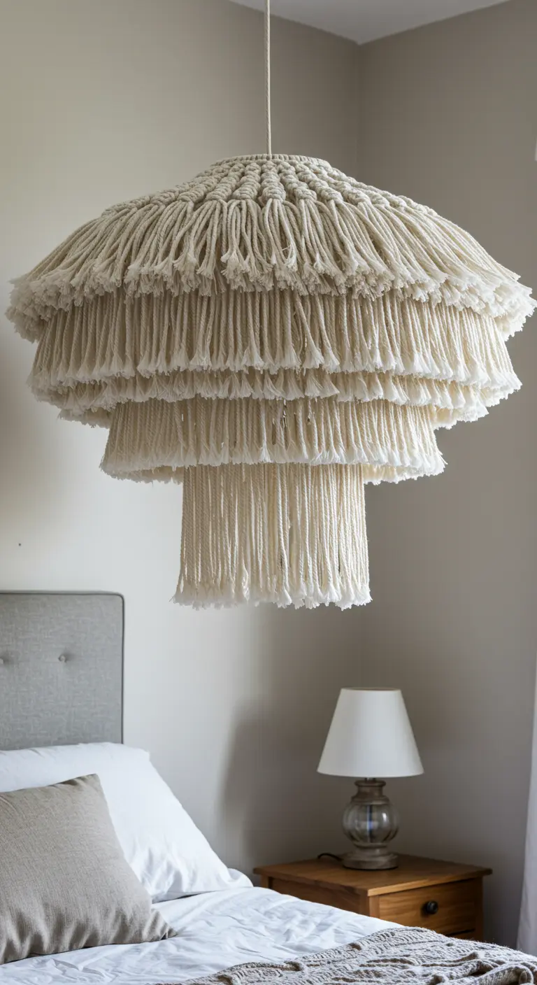 Lámpara de macramé grande con múltiples capas de flecos densos sobre una cama.