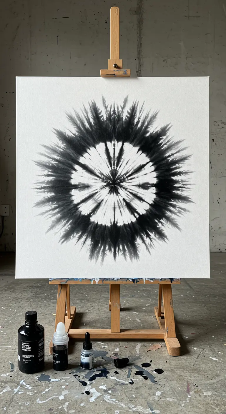 Lienzo cuadrado en un caballete con un diseño tie-dye en espiral de tinta negra.