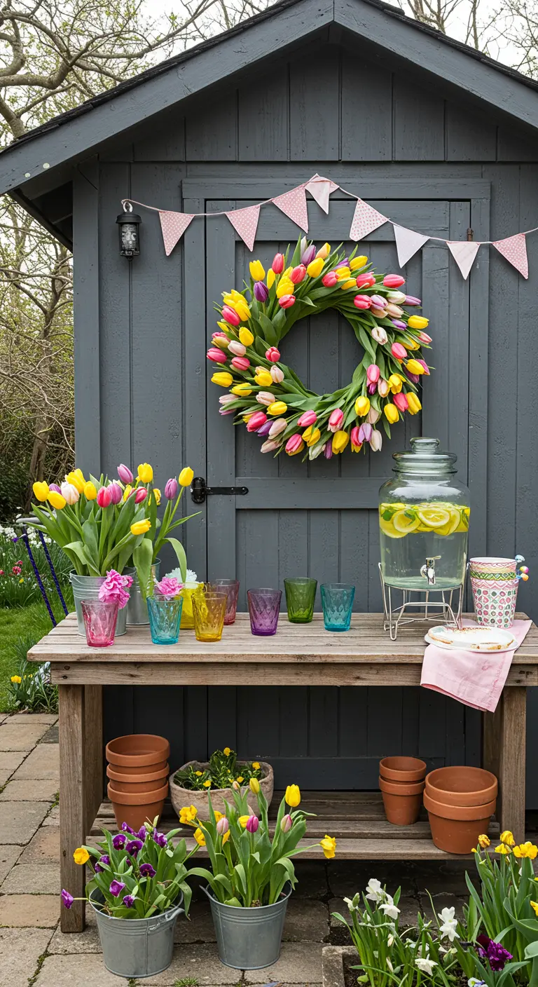 Corona de tulipanes de colores vibrantes en la puerta de un cobertizo gris.