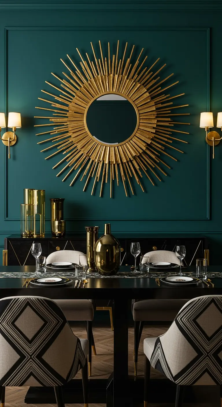 Comedor con pared verde esmeralda y un gran espejo sol dorado como punto focal