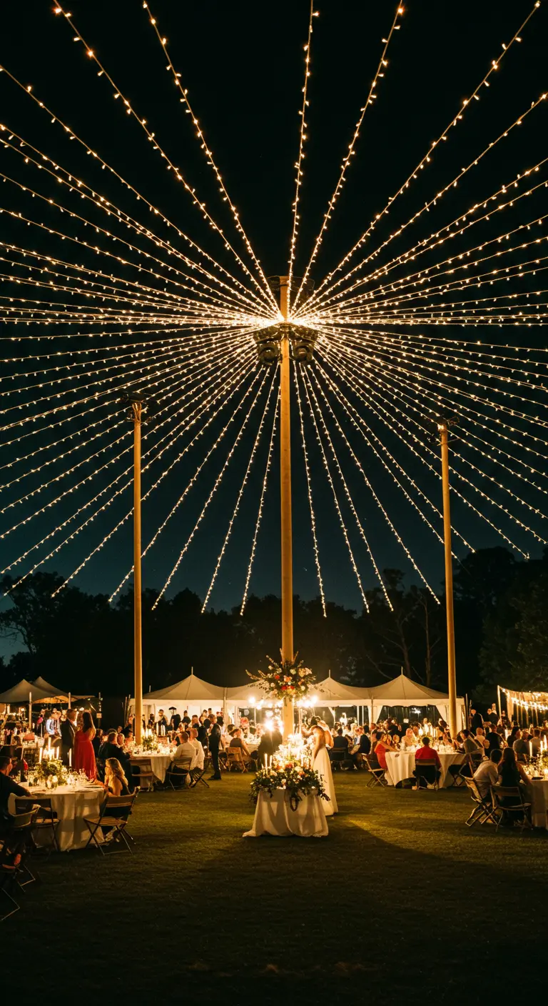 Gran recepción de boda al aire libre por la noche bajo una carpa de luces radiantes.
