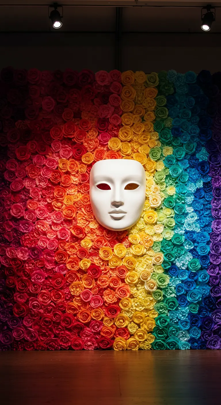Máscara blanca en el centro de una pared completamente cubierta de flores de papel de colores del arcoíris.