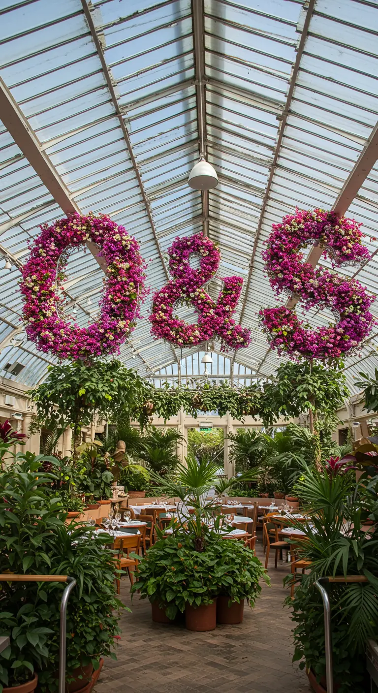 Iniciales 'O & S' cubiertas de flores fucsias y moradas, colgando del techo de un invernadero.