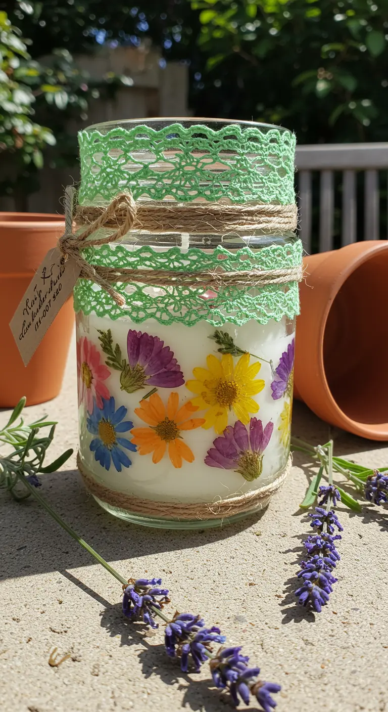 Vela en frasco de vidrio con flores prensadas de colores en la cera y encaje verde.