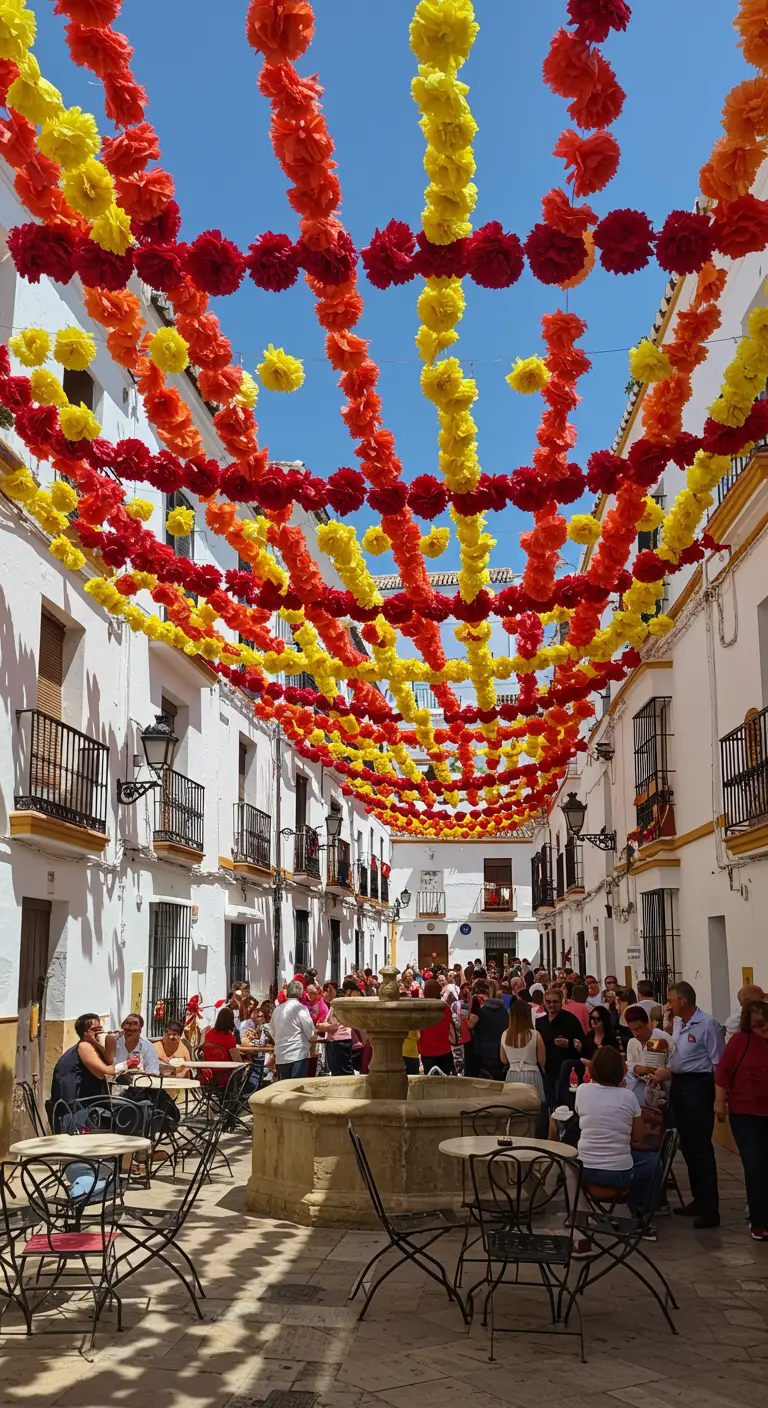 Calle española llena de gente, cubierta con guirnaldas de pompones de papel rojos, naranjas y amarillos.