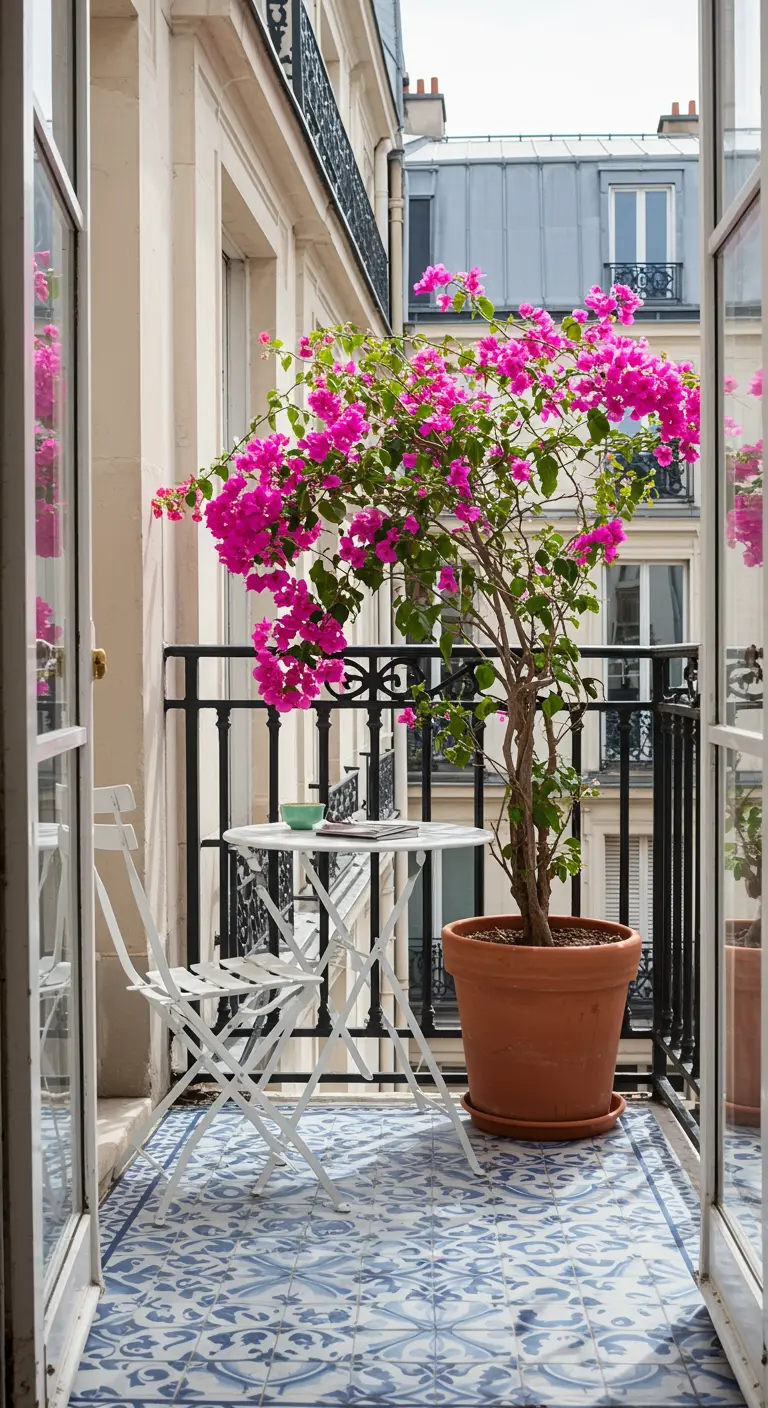 Una vibrante buganvilla fucsia en un balcón con suelo de baldosas hidráulicas