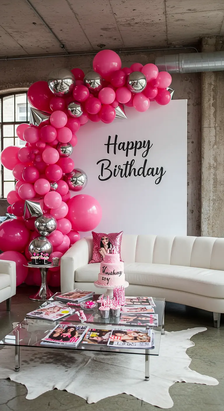Arco de globos fucsia y plata en una sala de estar moderna.