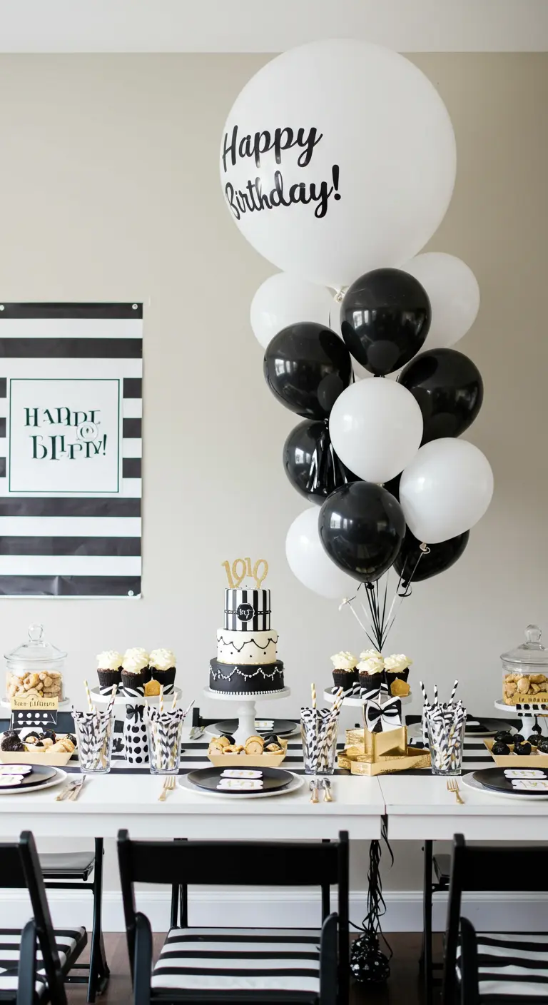 Mesa de cumpleaños decorada con rayas, globos y detalles dorados.