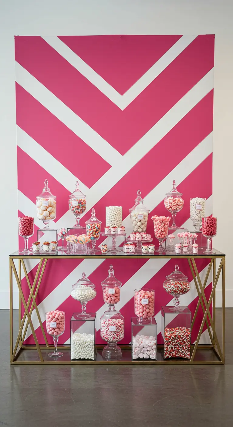 Mesa de dulces dorada frente a un fondo de rayas chevron en fucsia y blanco.