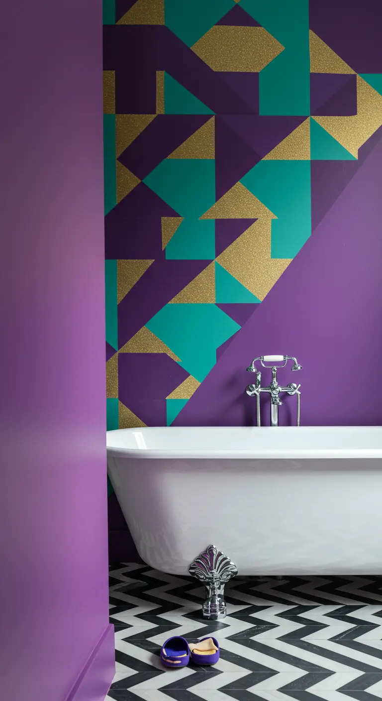 Baño con una pared de acento con un patrón geométrico en púrpura, turquesa y dorado