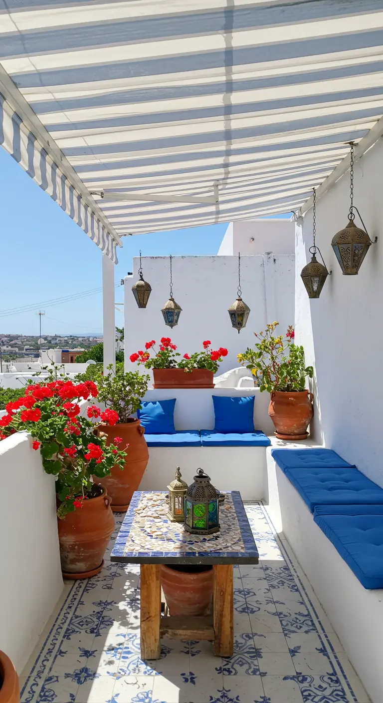 Patio de estilo mediterráneo con paredes blancas, cojines azules y macetas de terracota.