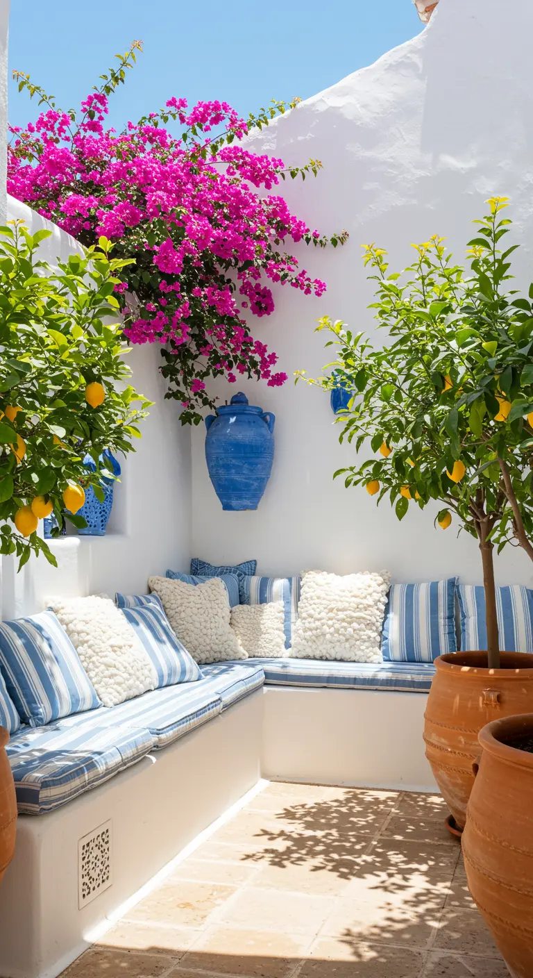 Patio mediterráneo blanco con un banco de obra, cojines de rayas azules y blancas y una buganvilla.