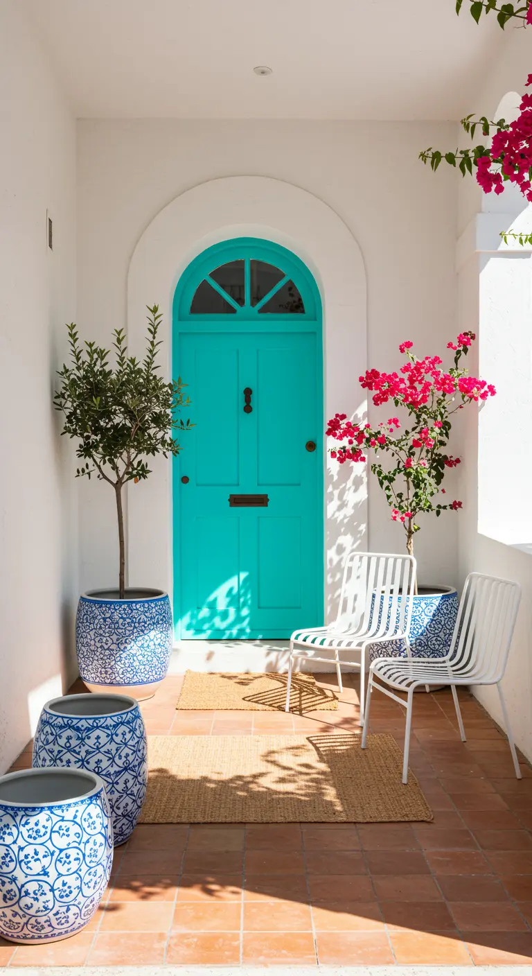 Patio mediterráneo con paredes blancas, puerta turquesa, sillas blancas y macetas de cerámica azul y blanca.