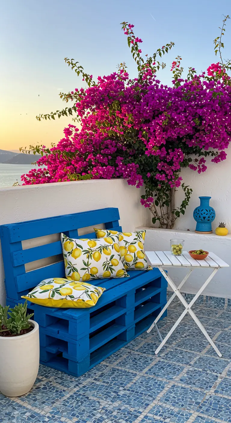 Banco de palets pintado de azul intenso con cojines de limones en una terraza con buganvillas.