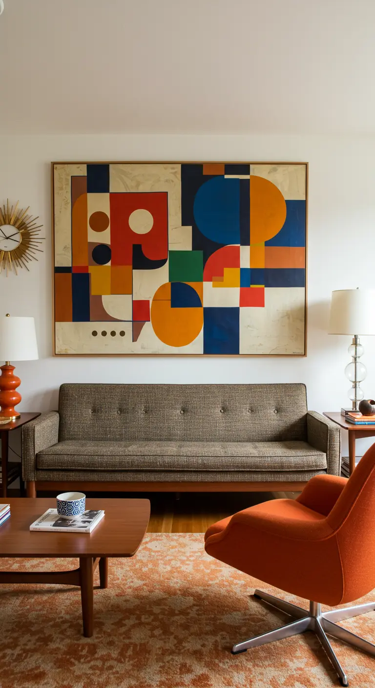 Sala de estar Mid-Century Modern con un gran cuadro de formas geométricas de colores sobre un sofá de tela.