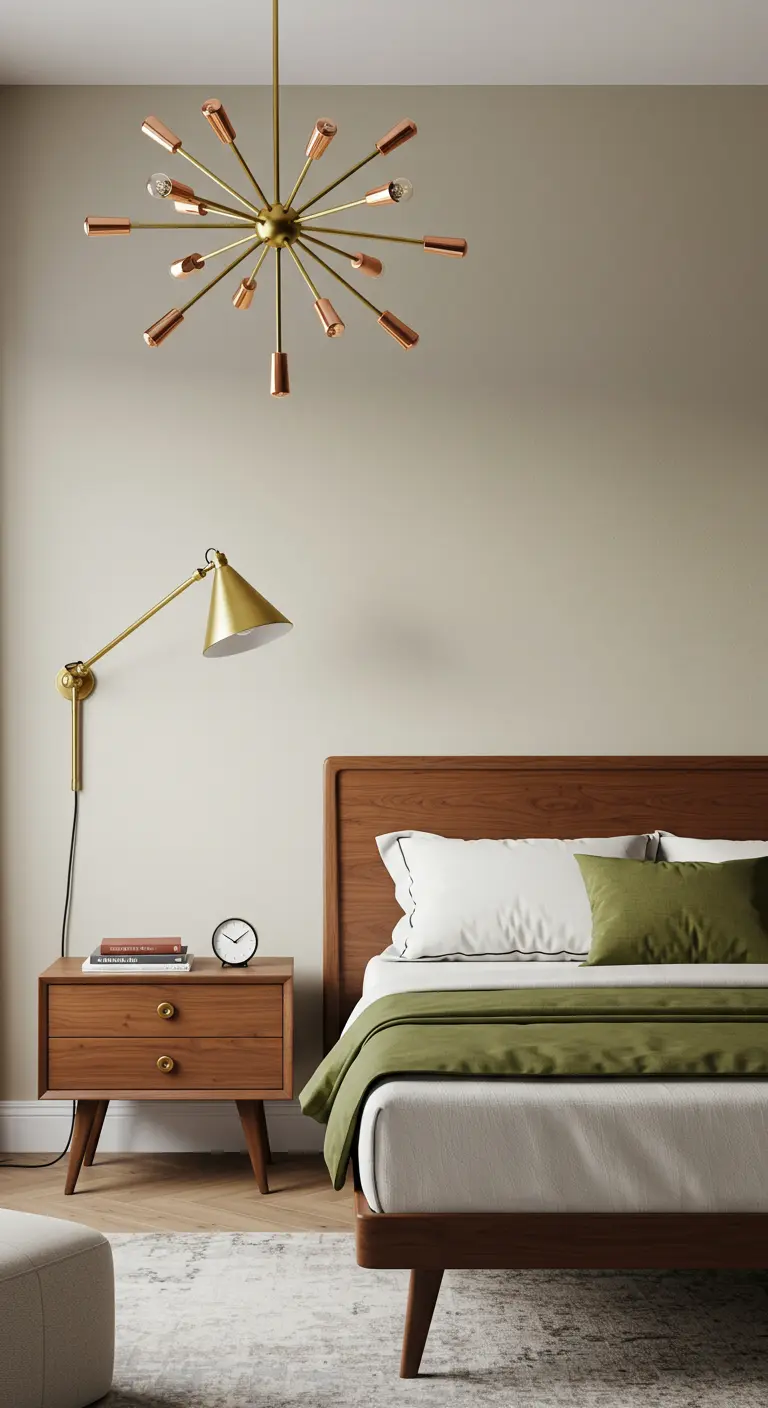 Lámpara de techo Sputnik de latón y cobre en un dormitorio de estilo Mid-Century.