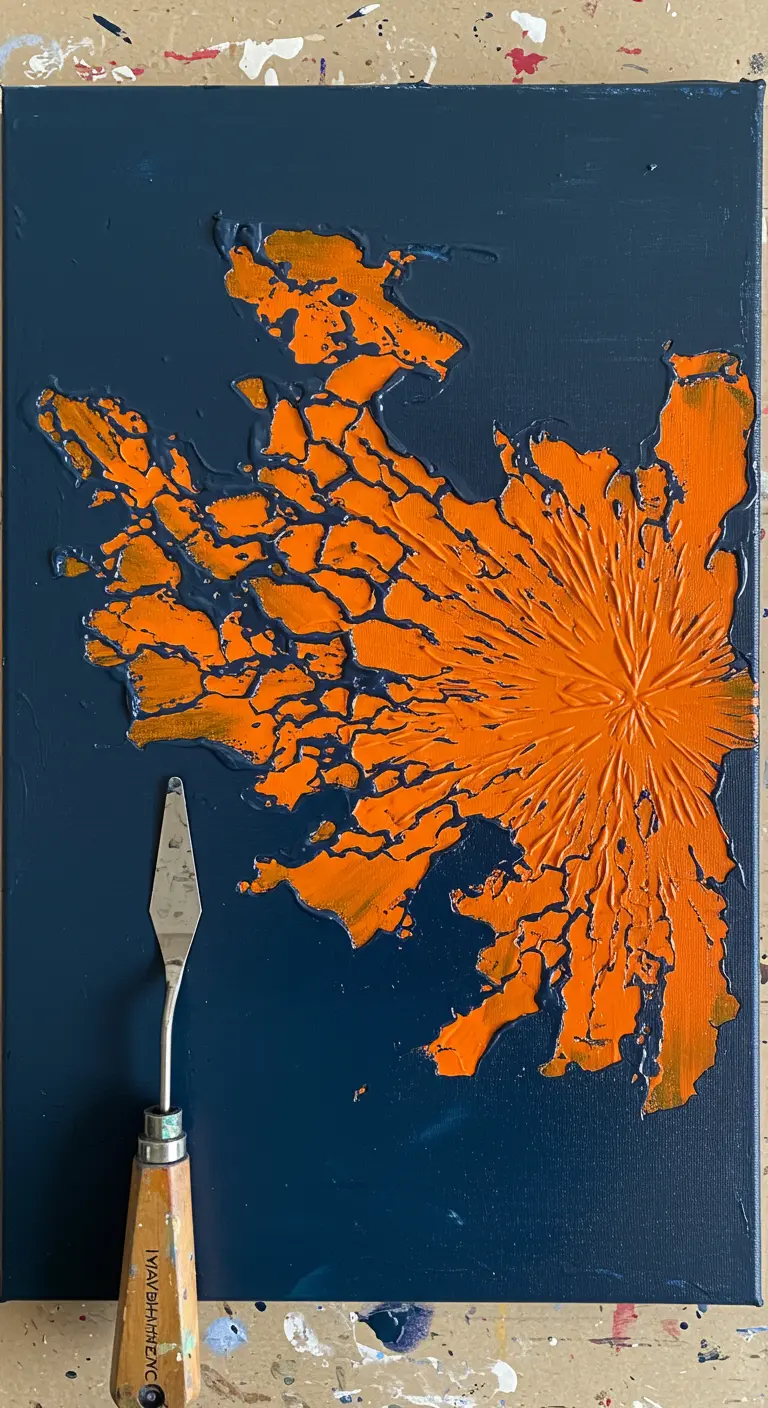 Pintura abstracta con textura naranja agrietada sobre fondo azul.