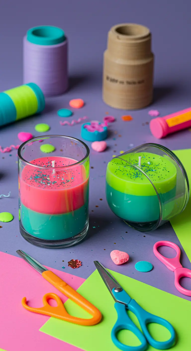 Velas de dos capas en colores neón, rosa y turquesa, con purpurina sobre un fondo morado.