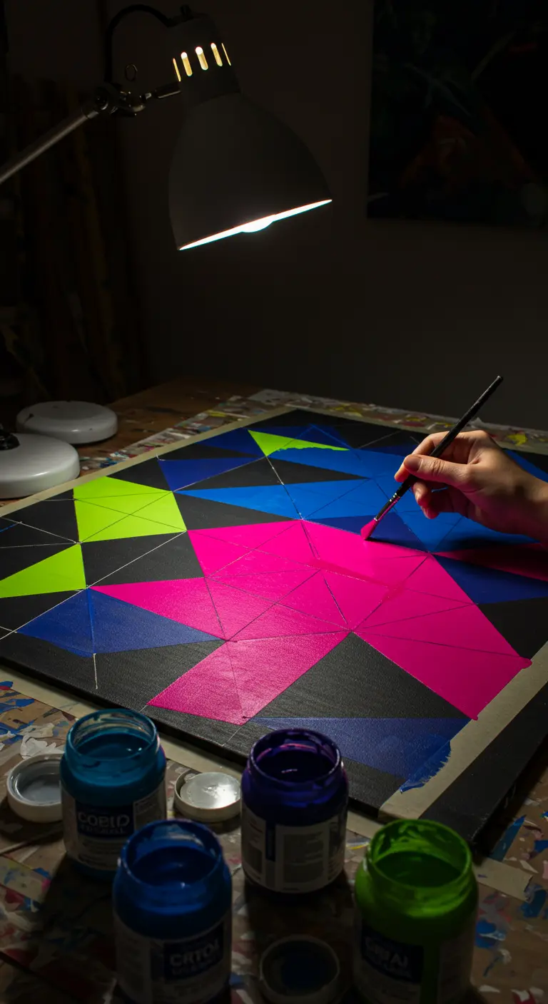 Persona pintando un cuadro geométrico con colores neón fucsia, azul y verde sobre un fondo negro.