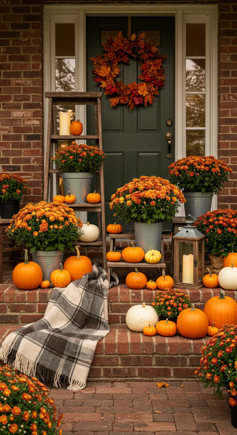 Decoración de otoño con una escalera de madera, calabazas, crisantemos naranjas y una manta de cuadros.