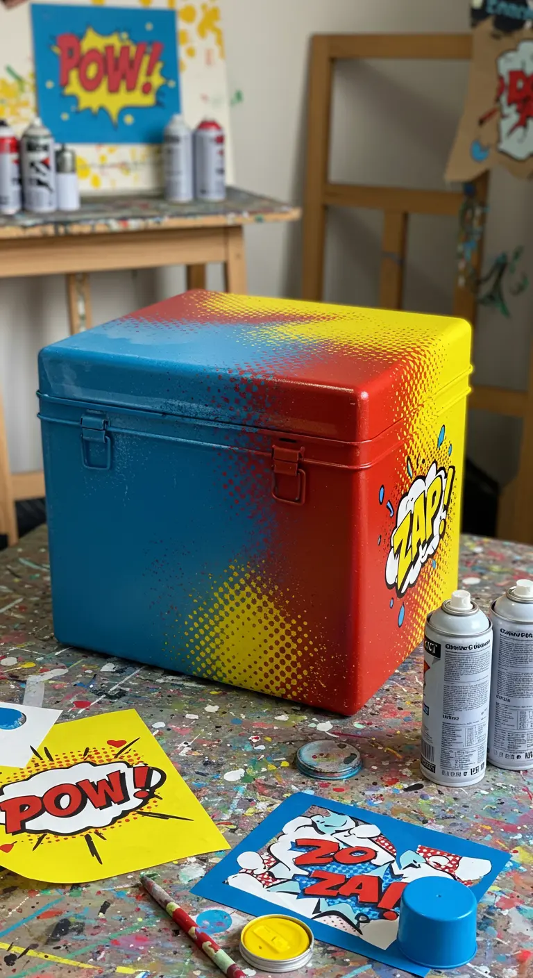 Baúl metálico pintado con colores vivos de pop art y onomatopeyas de cómic.