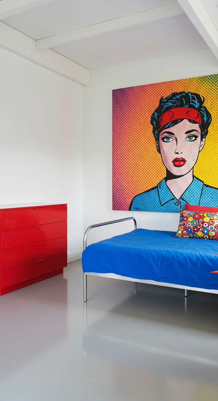 Dormitorio blanco con un gran cuadro de estilo Pop-Art y muebles en colores primarios