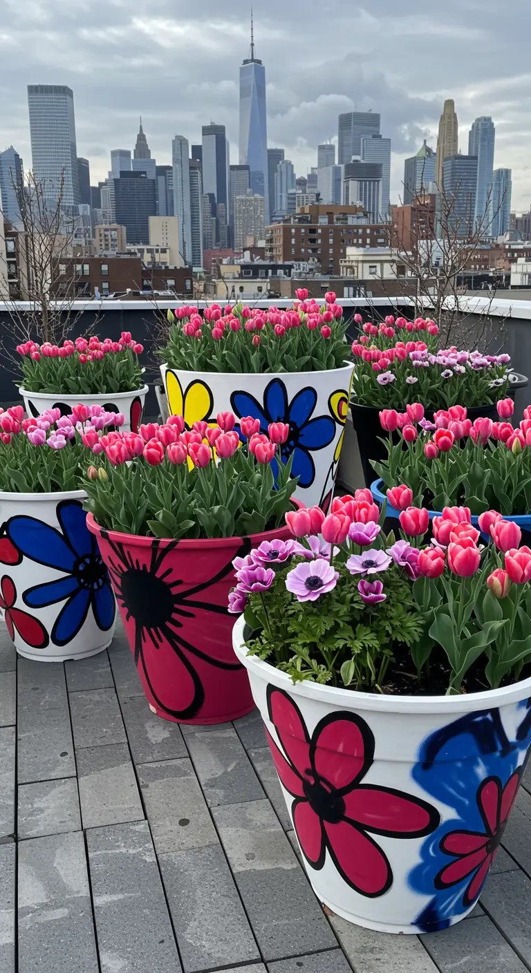 Grandes macetas en una azotea pintadas con flores de estilo pop-art de colores vivos.