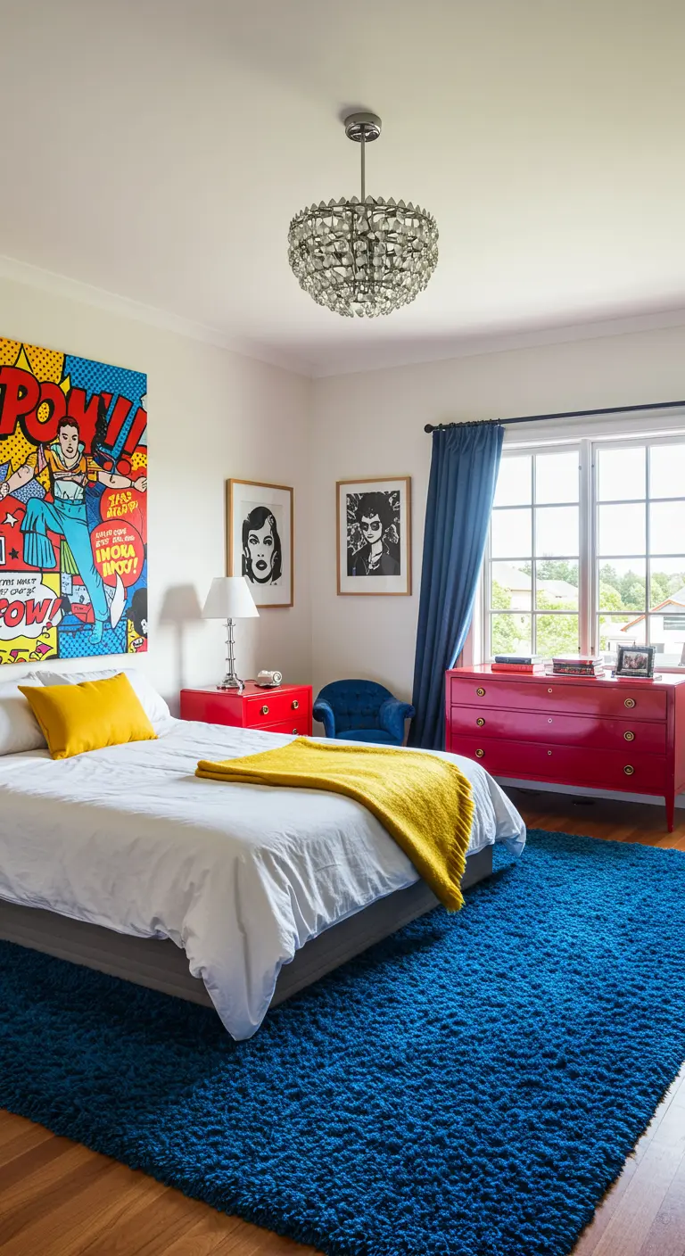 Dormitorio con un gran cuadro de estilo Pop Art y muebles en colores primarios vivos.