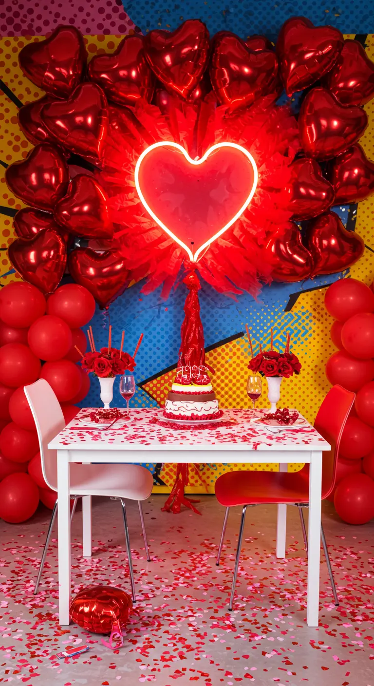 Mesa para dos decorada al estilo pop art con globos de corazón y una luz de neón.