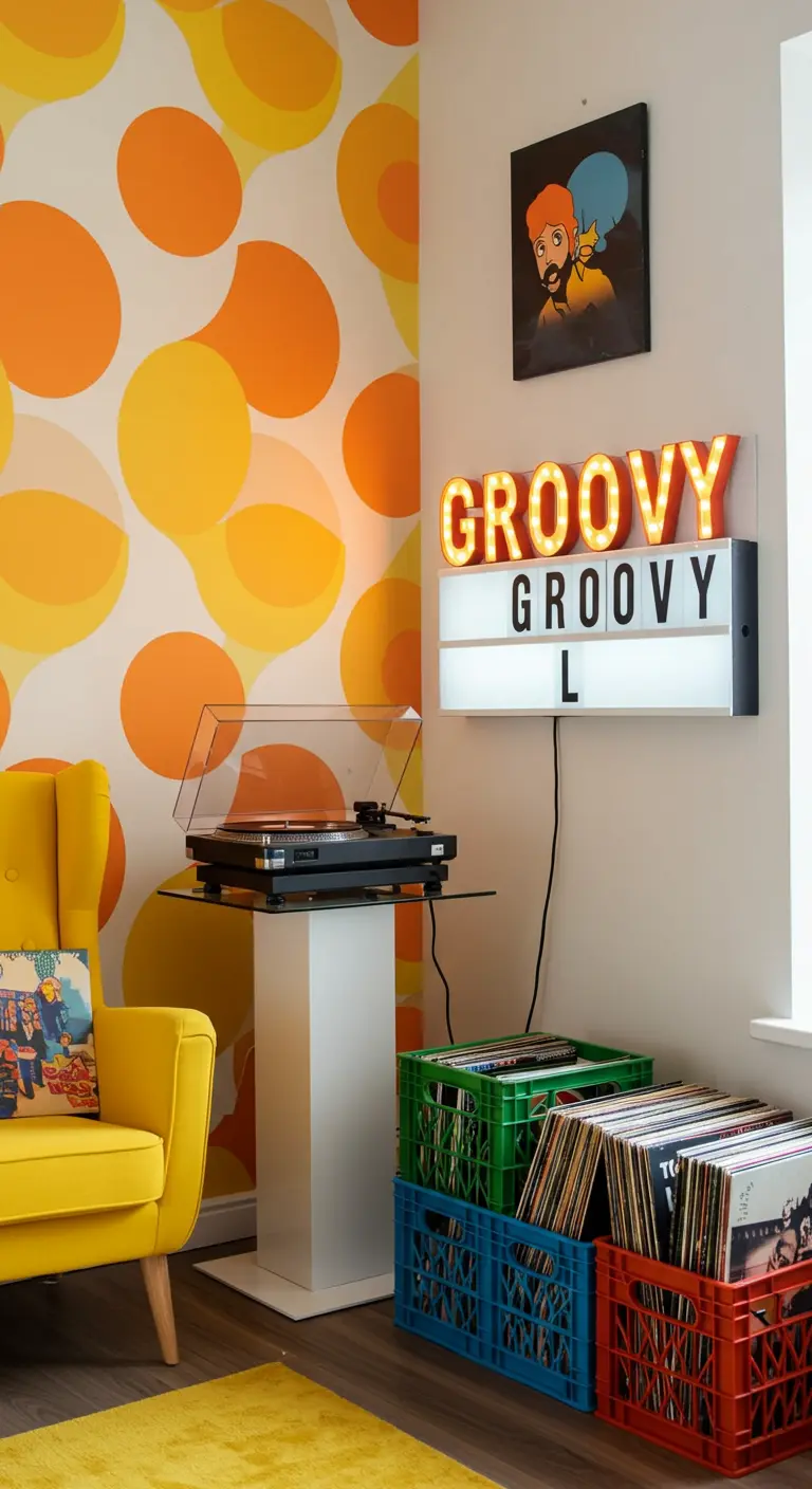Rincón de música con pared de círculos naranjas, letrero luminoso 'Groovy' y vinilos en cajas de colores.