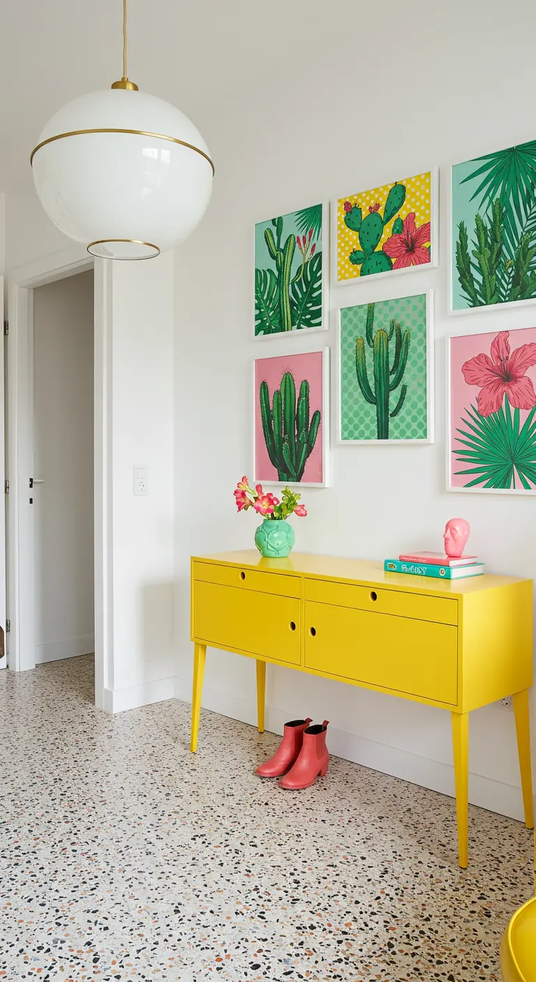 Galería de cuadros botánicos de estilo pop art sobre una consola amarilla en una entrada moderna