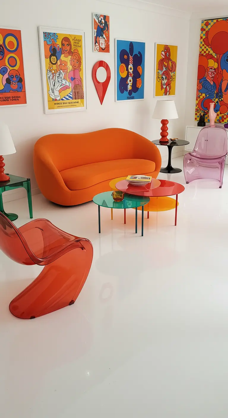 Sala de estar estilo pop art con sofá naranja y muebles de acrílico de colores.