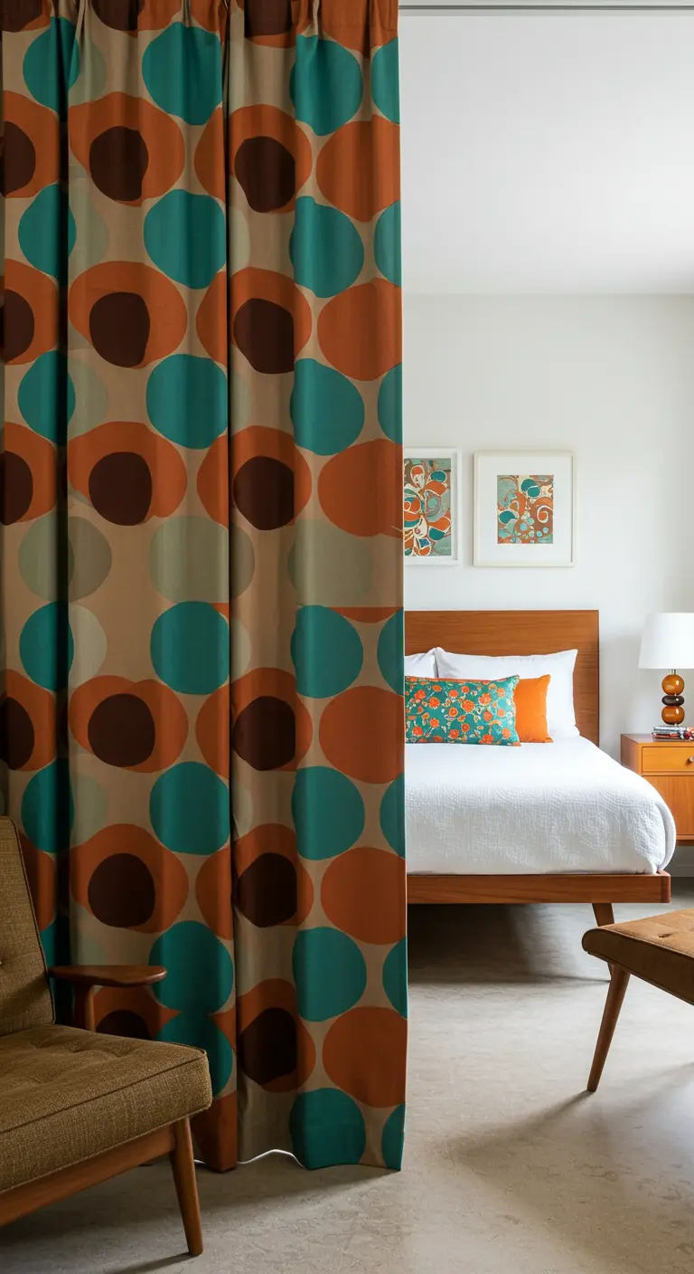 Cortina con estampado geométrico de círculos de colores dividiendo un dormitorio Mid-Century.