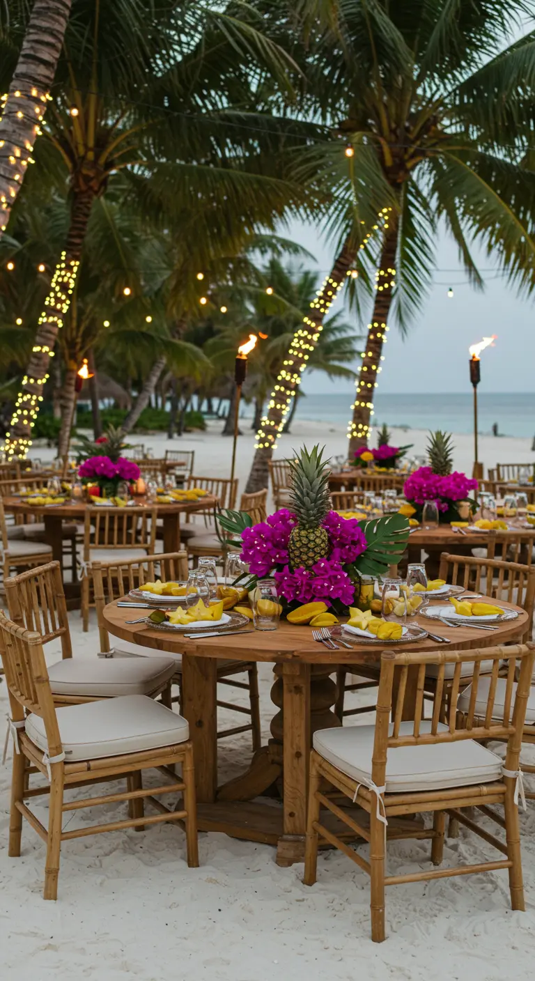 Mesa de boda en la playa con un centro de mesa de piña y flores fucsias.