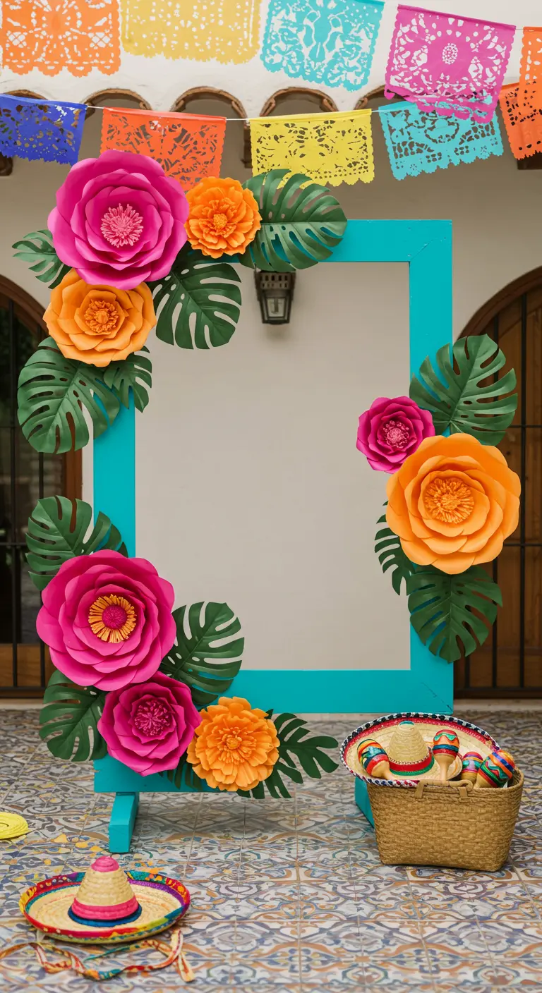 Marco de photocall turquesa decorado con grandes flores de papel de colores y hojas de monstera.
