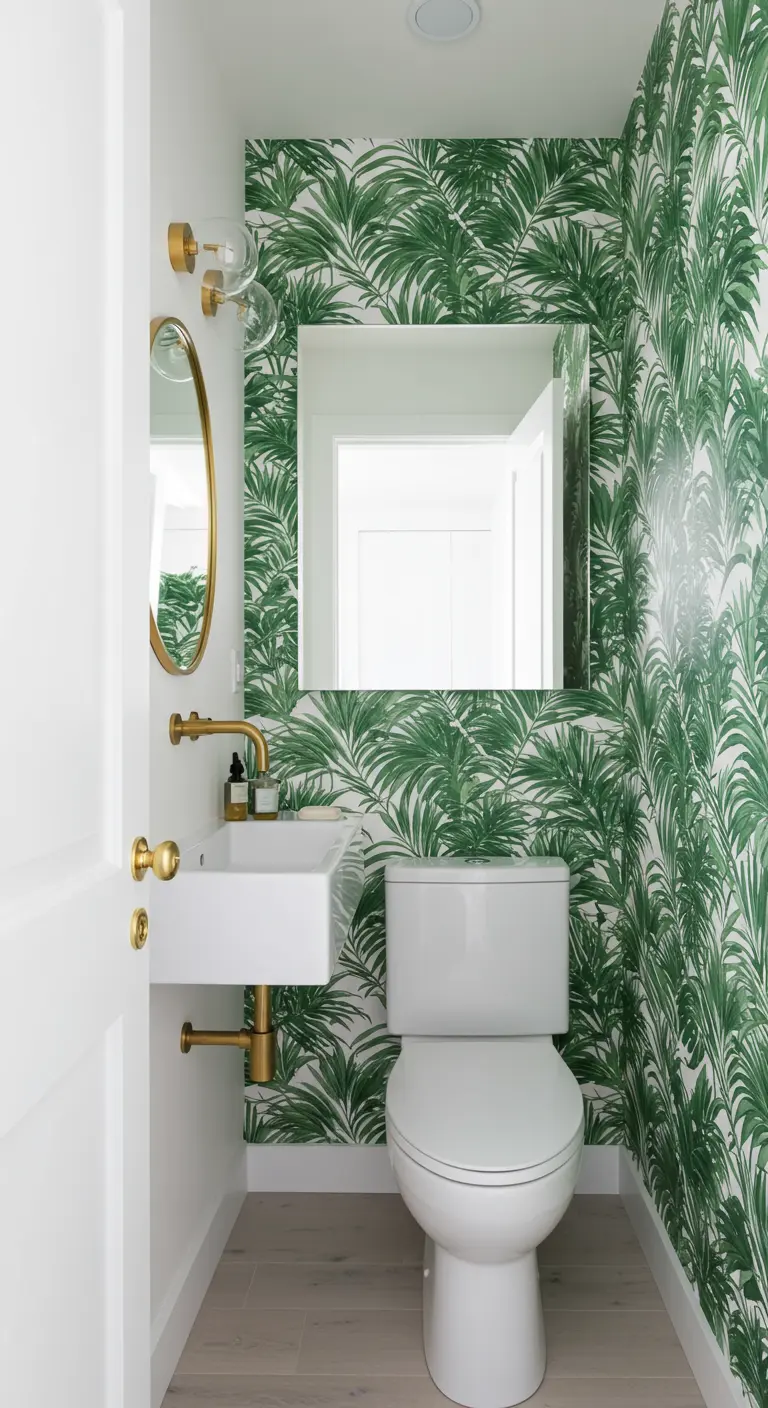 Aseo pequeño con audaz papel pintado de hojas de palmera y grifería dorada.
